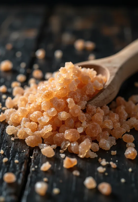 Копченая соль коричневого цвета в банке и на ложке