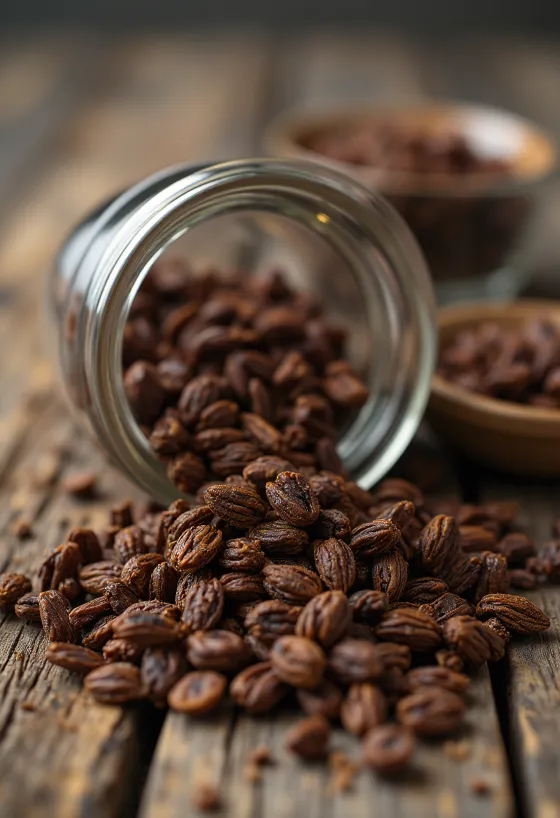 Зерна жареной ржи темного цвета на доске