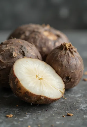 Нарезанный ямс на доске в окружении корнеплодов