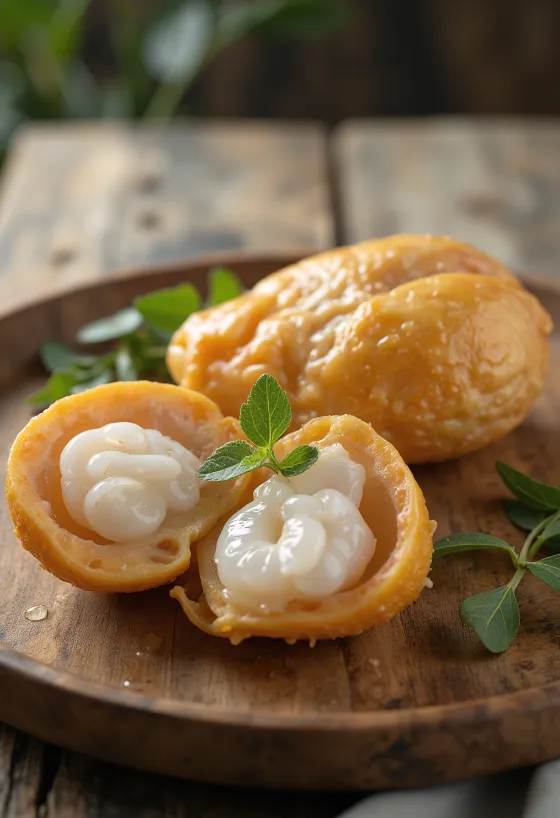 Очищенные дольки фрукта лангсат на разделочной доске