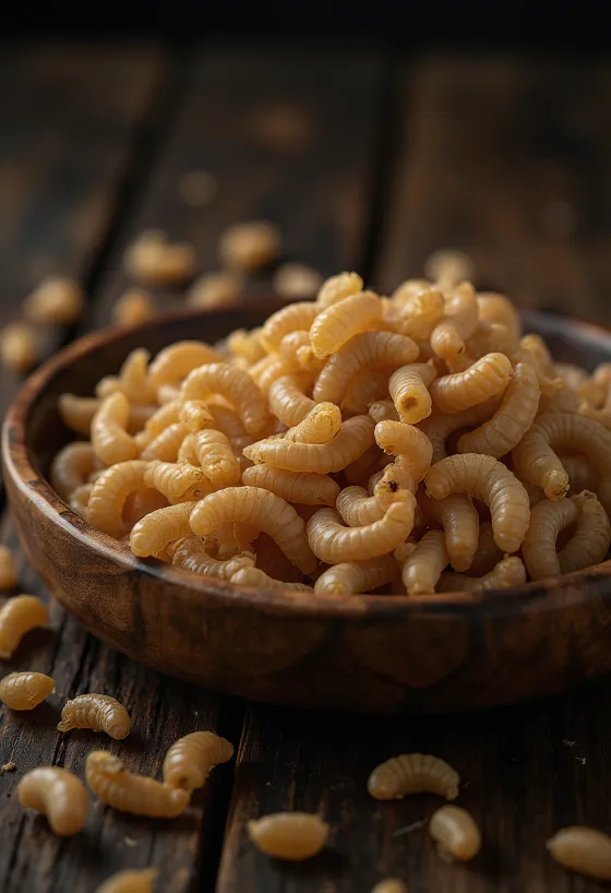 Приготовленные мучные черви, сервированные на тарелке