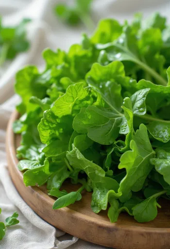 Свежие листья горчицы с каплями воды на столе