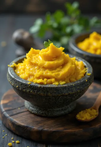 Паста желтый карри в баночке, ярко-желтого цвета, вокруг специи куркума, кумин