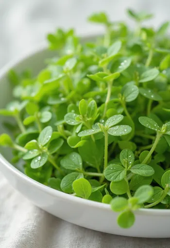 Свежая зелень мокрицы (звездчатки) с белыми цветами