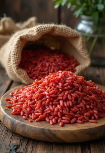 Красный рис в стеклянной банке, насыщенный цвет зерен