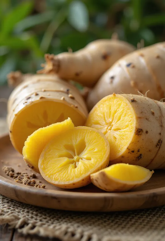 Изображение корня арракача, нарезанные ломтики на разделочной доске
