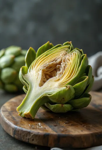 Свежий артишок, очищенное сердце и листья крупным планом