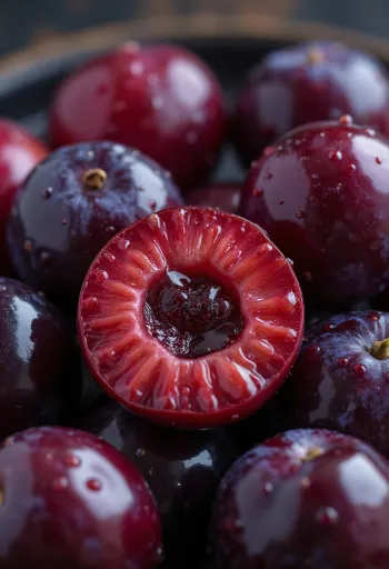 Долька красной алычи крупным планом, демонстрирующая сочную красную мякоть