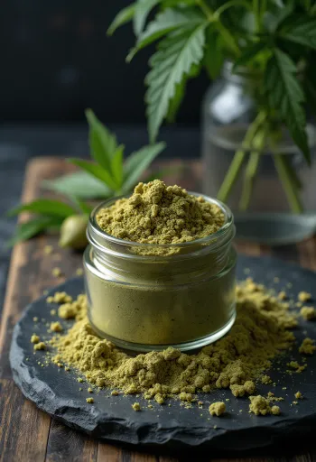 Сырой конопляный протеин в миске и семена конопли