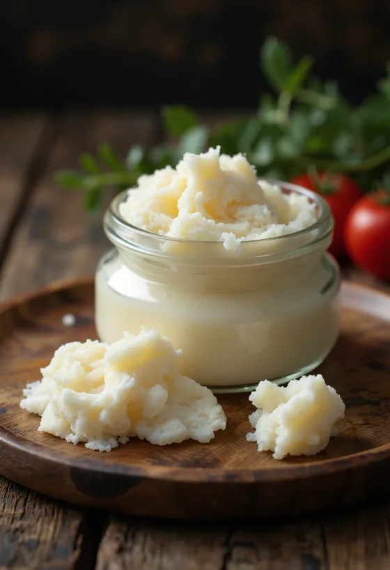 Кусочки сырого гусиного жира в миске и шкварки