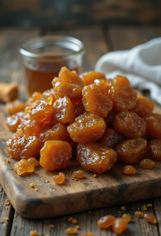 Кусочки натурального прополиса на деревянной поверхности