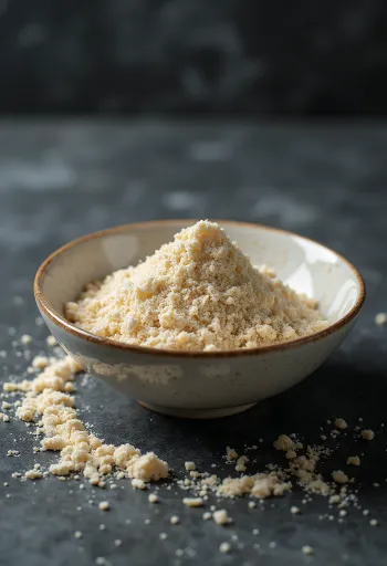 Сырой рисовый протеин бежевого цвета в чаше рядом с бурым рисом