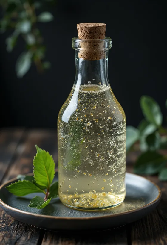 Березовый сок в бутылке и стакане с берестой