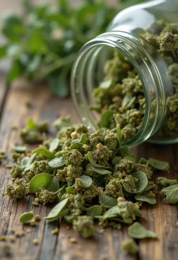 Сушеные листья орегано и молотая специя на деревянной поверхности