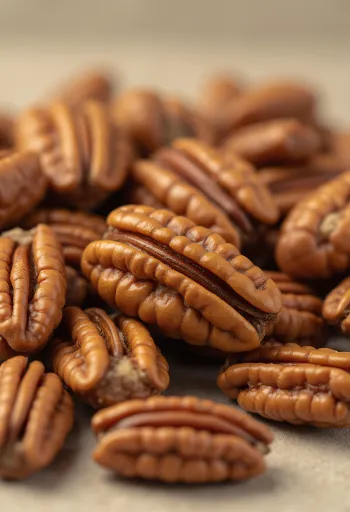 Очищенные ядра ореха пекан в деревянной миске и рассыпанные на светлом столе