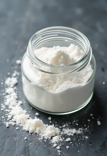 Порошок пектина в миске с деревянной ложкой на светлом фоне