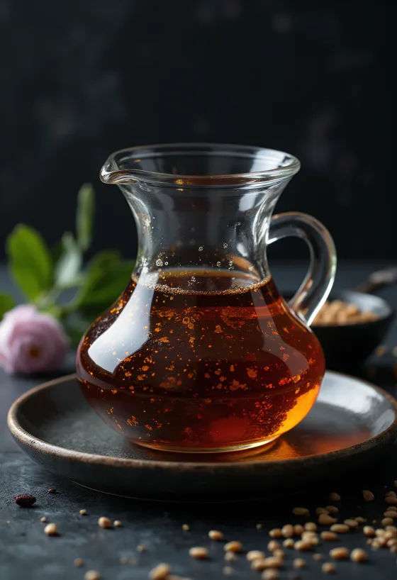 Темное кунжутное масло в бутылке и пиале с жареными семенами кунжута