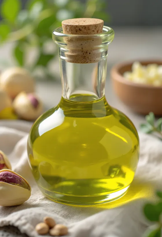 Фисташковое масло в маленькой бутылочке, рядом очищенные фисташки в миске