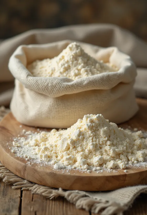 Мука из плантана в миске с ложкой и сушеными ломтиками