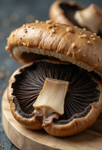 Свежие грибы портобелло на доске, подготовленные к грилю с маслом и розмарином