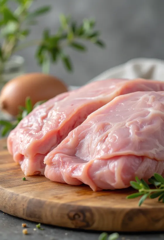 Свежее мясо индейки кусочками со специями и чесноком на доске