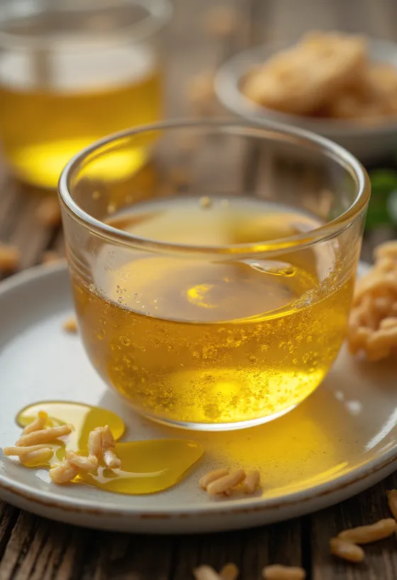 Бутылка масла рисовых отрубей с зернами риса и отрубями на фоне