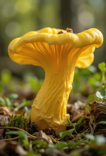 Свежие лисички на рустикальной кухонной доске при естественном свете