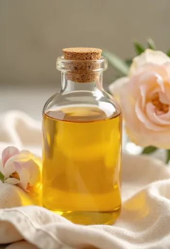 Розовое масло в маленьком флаконе в окружении лепестков роз и сушеных бутонов