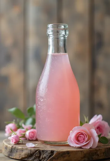 Розовая вода в бутылке, с лепестками, чашкой чая и сладостями