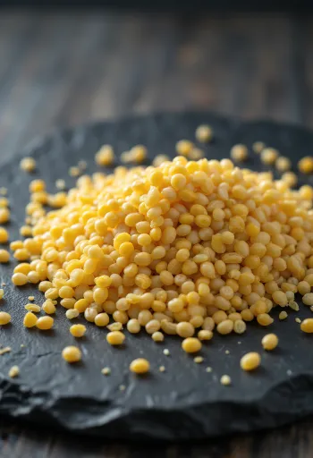 Желтые и белые семена горчицы на деревянной поверхности