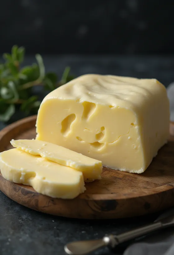 Кусок желтого кислосливочного масла в масленке