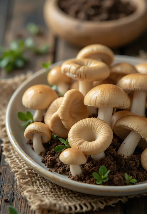 Нарезанный луговой опенок со свежими травами и чесноком на доске