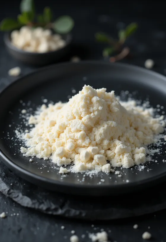 Камедь рожкового дерева в миске и ложке, рядом стручки