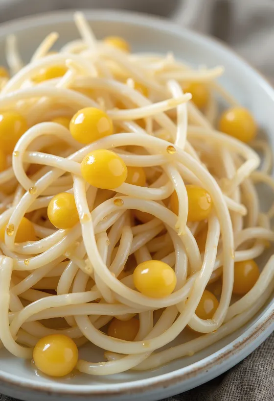 Свежие ростки сои на белой тарелке, хрустящие и сочные