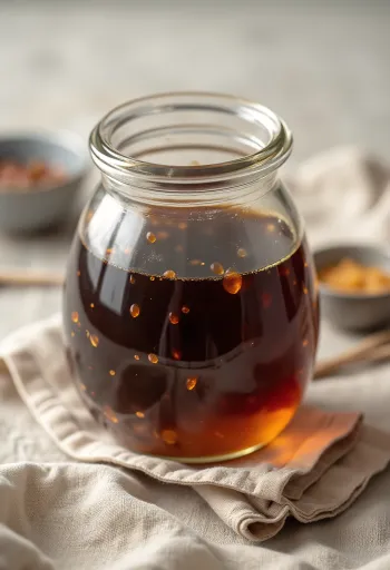 Соус тамари в керамической чаше, рядом ферментированная соя и морская соль