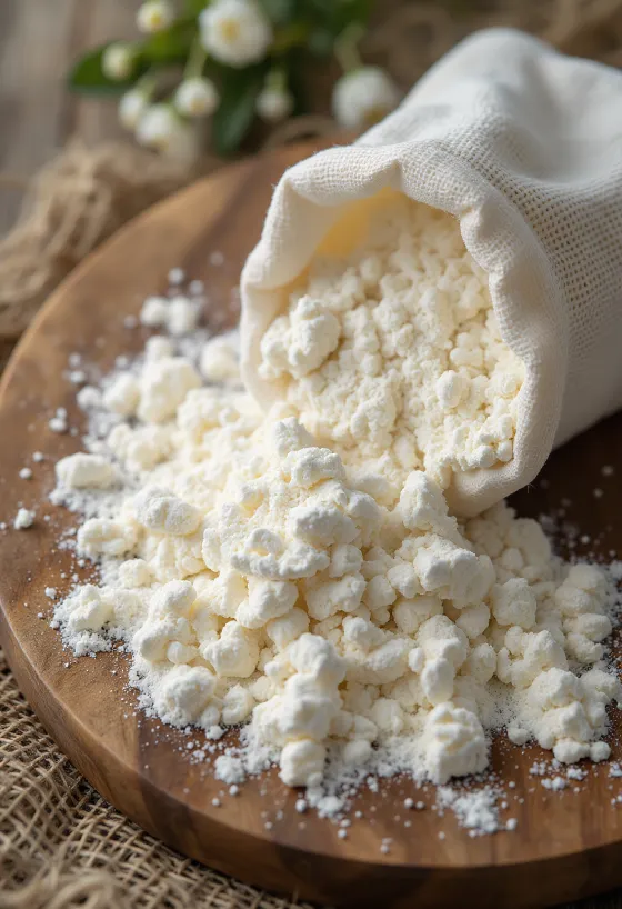 Крахмал тапиоки тонкого помола в миске и ложке на светлом фоне