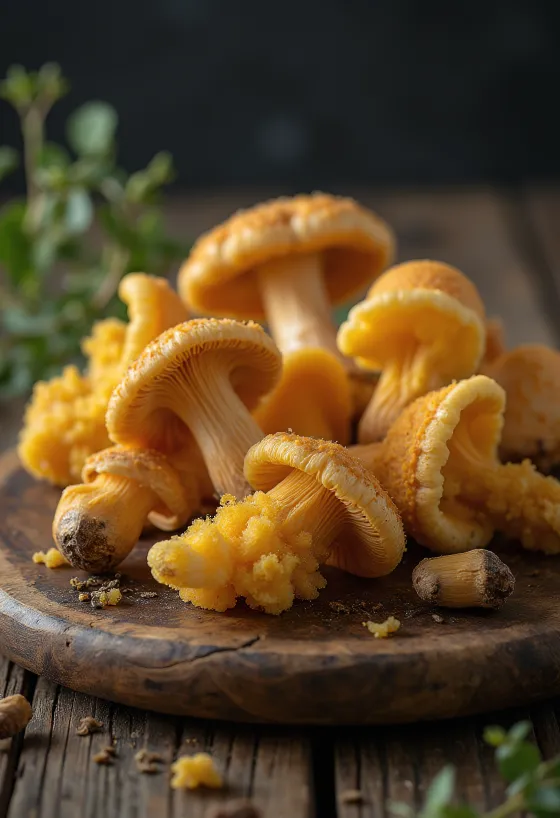 Очищенные и нарезанные зимние опята на деревянной разделочной доске