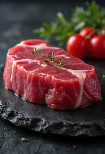 Свежие стейки тунца с лимоном и специями на разделочной доске