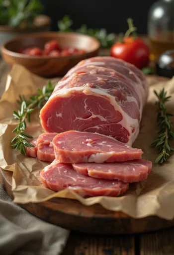 Сырые стейки корейки кабана на деревянной доске со специями