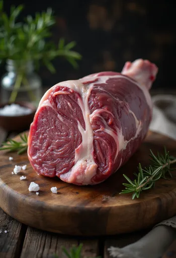 Сырой окорок кабана с пряностями на деревянной доске