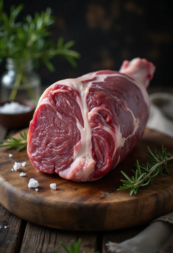 Сырой окорок кабана с пряностями на деревянной доске