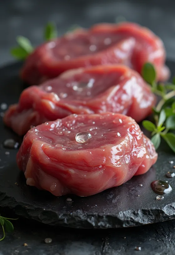 Сырое филе дикой утки с пряностями на деревянной доске