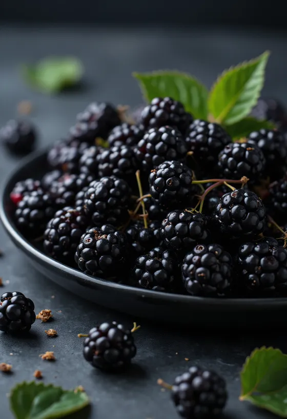 Свежие ягоды лесной ежевики темного цвета, целые и в разрезе