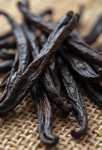 Сушеные стручки ванили на деревянном столе в натуральном виде