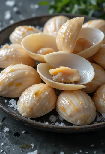 Сырое мясо вонголе на льду с лимоном и петрушкой