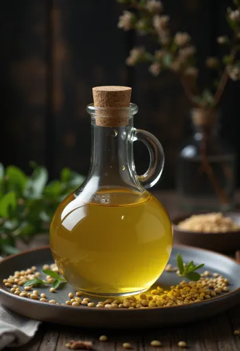 Бутылка светлого кунжутного масла и сырой кунжут