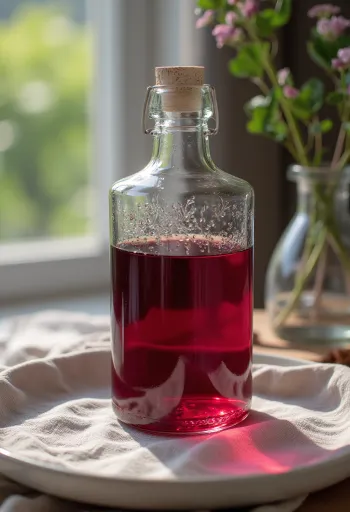 Красный винный уксус в стеклянной миске, рядом темный виноград и сусло на рустикальном столе