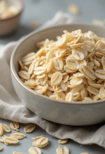 Сырые овсяные хлопья в керамической миске, рассыпанные на дереве