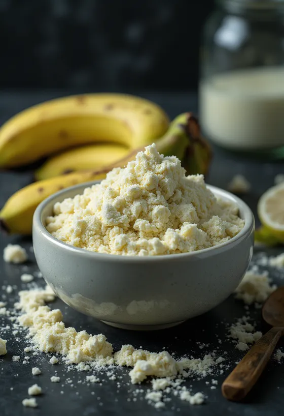 Мука из зеленых бананов в миске и ложке, в окружении зеленых бананов