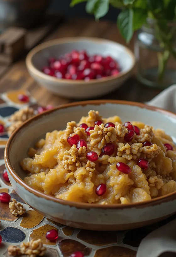 Ашуре с грецкими орехами, богатый, пряный турецкий десерт, украшенный свежей мятой